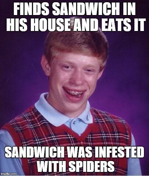 Bad Luck Brian Meme | FINDS SANDWICH IN HIS HOUSE AND EATS IT SANDWICH WAS INFESTED WITH SPIDERS | image tagged in memes,bad luck brian | made w/ Imgflip meme maker