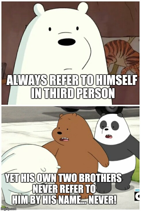 We Bare Bears: Ice Bear Fact | ALWAYS REFER TO HIMSELF IN THIRD PERSON YET HIS OWN TWO BROTHERS NEVER REFER TO HIM BY HIS NAME... NEVER! | image tagged in we bare bears,ice bear | made w/ Imgflip meme maker