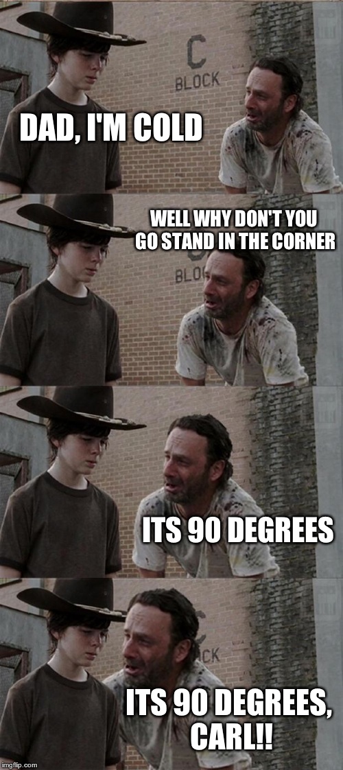 Rick and Carl Long | DAD, I'M COLD WELL WHY DON'T YOU GO STAND IN THE CORNER ITS 90 DEGREES ITS 90 DEGREES, CARL!! | image tagged in memes,rick and carl long | made w/ Imgflip meme maker