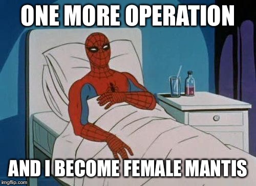 spiderman hospital | ONE MORE OPERATION AND I BECOME FEMALE MANTIS | image tagged in spiderman hospital | made w/ Imgflip meme maker