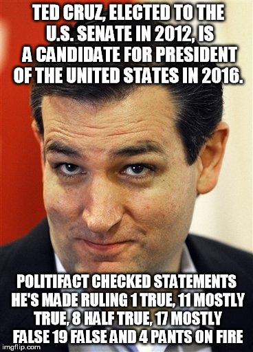 Bashful Ted Cruz | TED CRUZ, ELECTED TO THE U.S. SENATE IN 2012, IS A CANDIDATE FOR PRESIDENT OF THE UNITED STATES IN 2016. POLITIFACT CHECKED STATEMENTS HE'S  | image tagged in bashful ted cruz | made w/ Imgflip meme maker