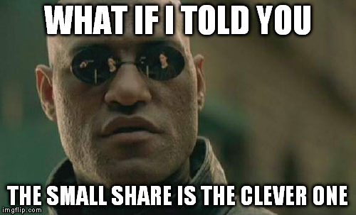 Matrix Morpheus Meme | WHAT IF I TOLD YOU THE SMALL SHARE IS THE CLEVER ONE | image tagged in memes,matrix morpheus | made w/ Imgflip meme maker