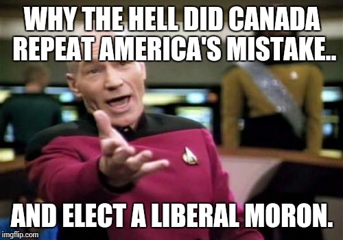 Picard Wtf Meme | WHY THE HELL DID CANADA REPEAT AMERICA'S MISTAKE.. AND ELECT A LIBERAL MORON. | image tagged in memes,picard wtf | made w/ Imgflip meme maker