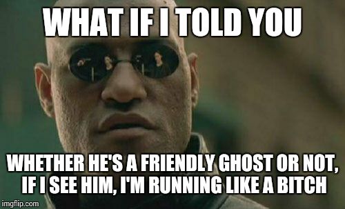 Matrix Morpheus Meme | WHAT IF I TOLD YOU WHETHER HE'S A FRIENDLY GHOST OR NOT, IF I SEE HIM, I'M RUNNING LIKE A B**CH | image tagged in memes,matrix morpheus | made w/ Imgflip meme maker