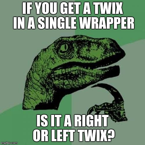 Philosoraptor Meme | IF YOU GET A TWIX IN A SINGLE WRAPPER IS IT A RIGHT OR LEFT TWIX? | image tagged in memes,philosoraptor | made w/ Imgflip meme maker