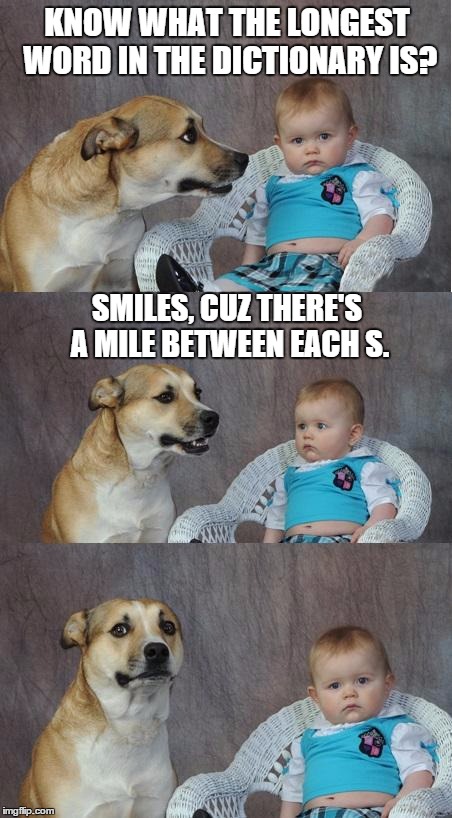 This one made me smile | KNOW WHAT THE LONGEST WORD IN THE DICTIONARY IS? SMILES, CUZ THERE'S A MILE BETWEEN EACH S. | image tagged in bad joke dog,funny | made w/ Imgflip meme maker
