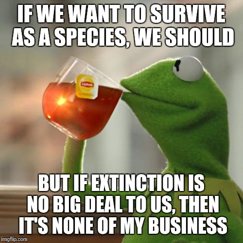 But That's None Of My Business Meme | IF WE WANT TO SURVIVE AS A SPECIES, WE SHOULD BUT IF EXTINCTION IS NO BIG DEAL TO US, THEN IT'S NONE OF MY BUSINESS | image tagged in memes,but thats none of my business,kermit the frog | made w/ Imgflip meme maker