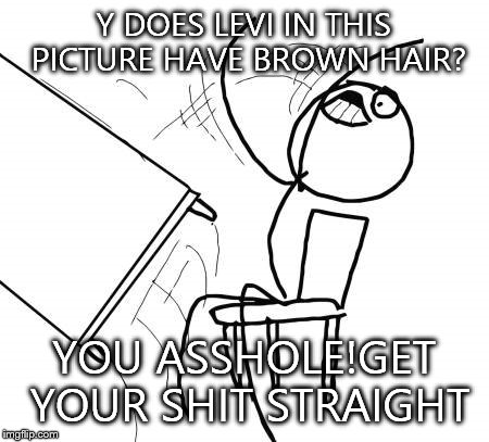 Table Flip Guy Meme | Y DOES LEVI IN THIS PICTURE HAVE BROWN HAIR? YOU ASSHOLE!GET YOUR SHIT STRAIGHT | image tagged in memes,table flip guy | made w/ Imgflip meme maker