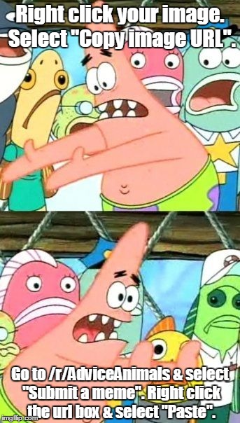 Put It Somewhere Else Patrick | Right click your image. Select "Copy image URL". Go to /r/AdviceAnimals & select "Submit a meme". Right click the url box & select "Paste". | image tagged in memes,put it somewhere else patrick | made w/ Imgflip meme maker