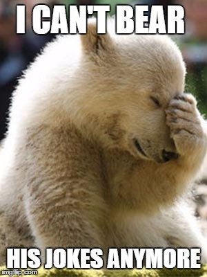 Facepalm Bear | I CAN'T BEAR HIS JOKES ANYMORE | image tagged in memes,facepalm bear | made w/ Imgflip meme maker