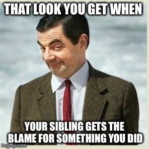 Mr Bean Smirk | THAT LOOK YOU GET WHEN YOUR SIBLING GETS THE BLAME FOR SOMETHING YOU DID | image tagged in mr bean smirk | made w/ Imgflip meme maker