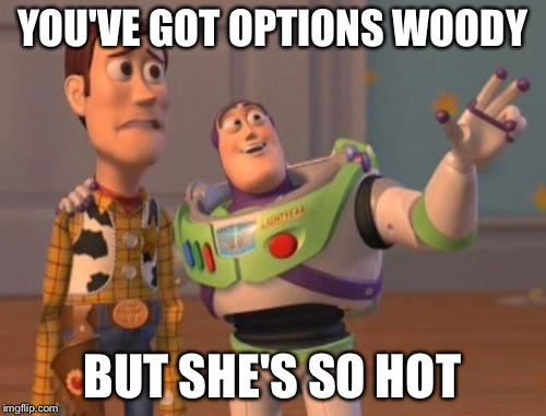 X, X Everywhere Meme | YOU'VE GOT OPTIONS WOODY BUT SHE'S SO HOT | image tagged in memes,x x everywhere | made w/ Imgflip meme maker