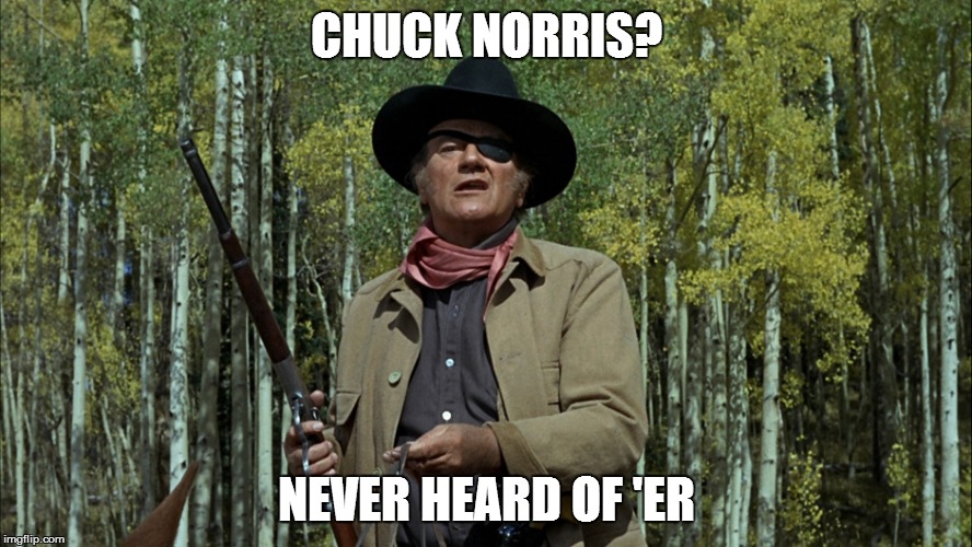 john wayne vs chuck norris | CHUCK NORRIS? NEVER HEARD OF 'ER | image tagged in john wayne vs chuck norris | made w/ Imgflip meme maker