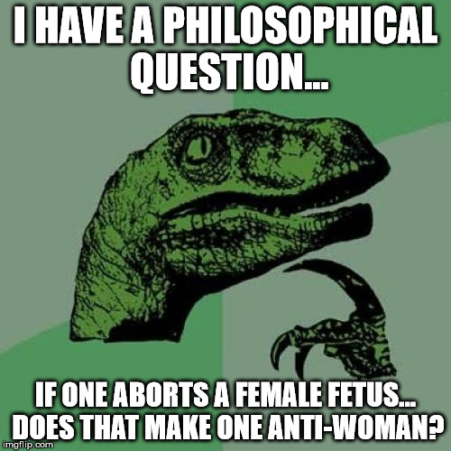 Here comes Shawn with another unpopular political quandary... | I HAVE A PHILOSOPHICAL QUESTION... IF ONE ABORTS A FEMALE FETUS... DOES THAT MAKE ONE ANTI-WOMAN? | image tagged in memes,philosoraptor,political,shawnljohnson,abortion,war on women | made w/ Imgflip meme maker