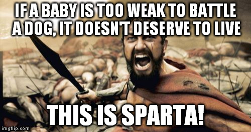 Sparta Leonidas Meme | IF A BABY IS TOO WEAK TO BATTLE A DOG, IT DOESN'T DESERVE TO LIVE THIS IS SPARTA! | image tagged in memes,sparta leonidas | made w/ Imgflip meme maker