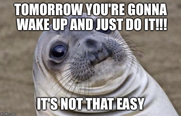 Awkward Moment Sealion | TOMORROW YOU'RE GONNA WAKE UP AND JUST DO IT!!! IT'S NOT THAT EASY | image tagged in memes,awkward moment sealion | made w/ Imgflip meme maker