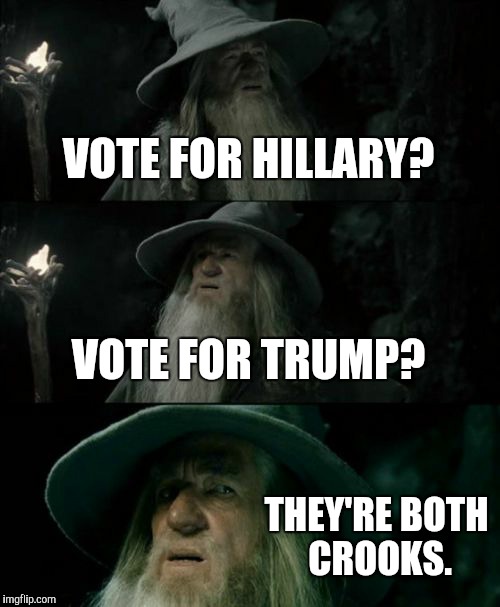 Confused Gandalf | VOTE FOR HILLARY? VOTE FOR TRUMP? THEY'RE BOTH CROOKS. | image tagged in memes,confused gandalf | made w/ Imgflip meme maker