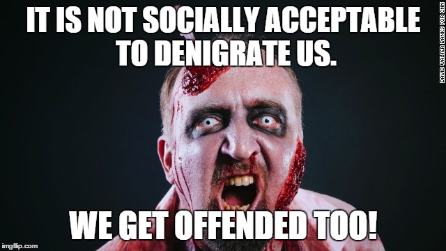 Zombie attitude | IT IS NOT SOCIALLY ACCEPTABLE TO DENIGRATE US. WE GET OFFENDED TOO! | image tagged in zombie | made w/ Imgflip meme maker