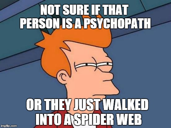 Futurama Fry | NOT SURE IF THAT PERSON IS A PSYCHOPATH OR THEY JUST WALKED INTO A SPIDER WEB | image tagged in memes,futurama fry | made w/ Imgflip meme maker