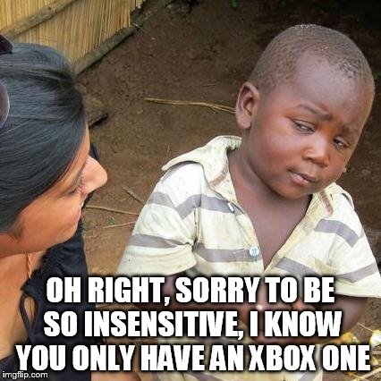 Third World Skeptical Kid Meme | OH RIGHT, SORRY TO BE SO INSENSITIVE, I KNOW YOU ONLY HAVE AN XBOX ONE | image tagged in memes,third world skeptical kid | made w/ Imgflip meme maker