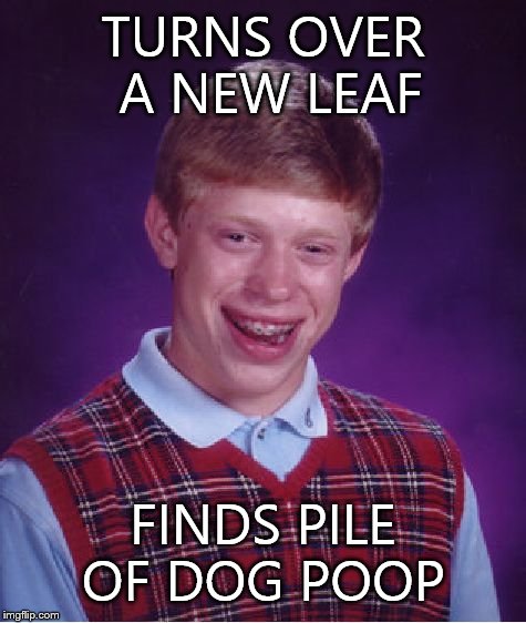 Bad Luck Brian | TURNS OVER A NEW LEAF FINDS PILE OF DOG POOP | image tagged in memes,bad luck brian | made w/ Imgflip meme maker