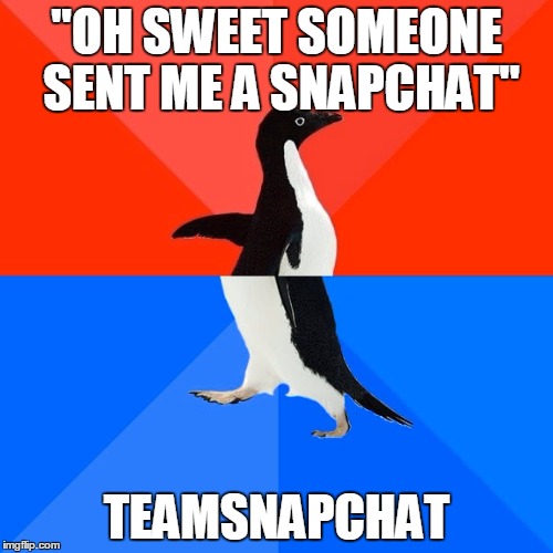 Socially Awesome Awkward Penguin | "OH SWEET SOMEONE SENT ME A SNAPCHAT" TEAMSNAPCHAT | image tagged in memes,socially awesome awkward penguin,AdviceAnimals | made w/ Imgflip meme maker