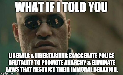 Matrix Morpheus Meme | WHAT IF I TOLD YOU LIBERALS & LIBERTARIANS EXAGGERATE POLICE BRUTALITY TO PROMOTE ANARCHY & ELIMINATE LAWS THAT RESTRICT THEIR IMMORAL BEHAV | image tagged in memes,matrix morpheus | made w/ Imgflip meme maker