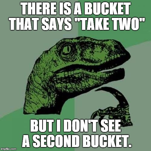 Philosoraptor Meme | THERE IS A BUCKET THAT SAYS "TAKE TWO" BUT I DON'T SEE A SECOND BUCKET. | image tagged in memes,philosoraptor | made w/ Imgflip meme maker