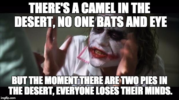 And everybody loses their minds | THERE'S A CAMEL IN THE DESERT, NO ONE BATS AND EYE BUT THE MOMENT THERE ARE TWO PIES IN THE DESERT, EVERYONE LOSES THEIR MINDS. | image tagged in memes,and everybody loses their minds | made w/ Imgflip meme maker