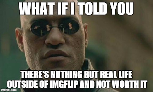 Matrix Morpheus Meme | WHAT IF I TOLD YOU THERE'S NOTHING BUT REAL LIFE OUTSIDE OF IMGFLIP AND NOT WORTH IT | image tagged in memes,matrix morpheus | made w/ Imgflip meme maker