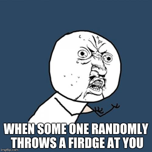 Y U No Meme | WHEN SOME ONE RANDOMLY THROWS A FIRDGE AT YOU | image tagged in memes,y u no | made w/ Imgflip meme maker