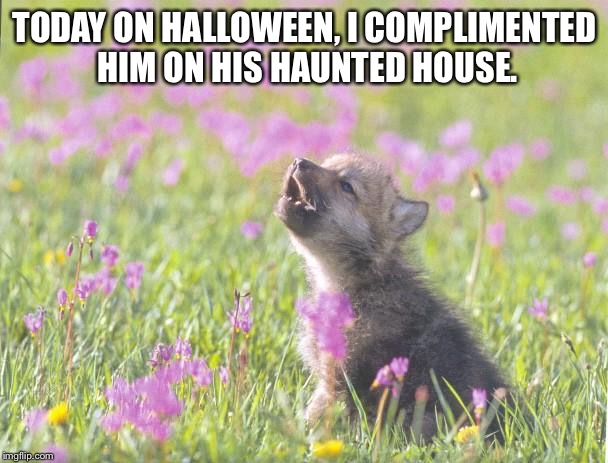 Baby Insanity Wolf Meme | TODAY ON HALLOWEEN, I COMPLIMENTED HIM ON HIS HAUNTED HOUSE. | image tagged in memes,baby insanity wolf | made w/ Imgflip meme maker