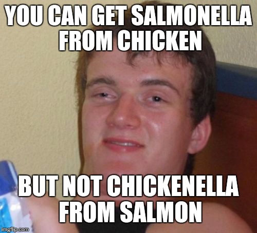 You, like, can't explain that man | YOU CAN GET SALMONELLA FROM CHICKEN BUT NOT CHICKENELLA FROM SALMON | image tagged in memes,10 guy | made w/ Imgflip meme maker