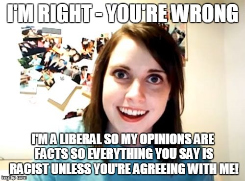 Overly Attached Girlfriend | I'M RIGHT - YOU'RE WRONG I'M A LIBERAL SO MY OPINIONS ARE FACTS SO EVERYTHING YOU SAY IS RACIST UNLESS YOU'RE AGREEING WITH ME! | image tagged in memes,overly attached girlfriend | made w/ Imgflip meme maker