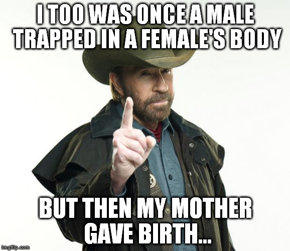 Chuck Norris Finger Meme | I TOO WAS ONCE A MALE TRAPPED IN A FEMALE'S BODY BUT THEN MY MOTHER GAVE BIRTH... | image tagged in chuck norris | made w/ Imgflip meme maker