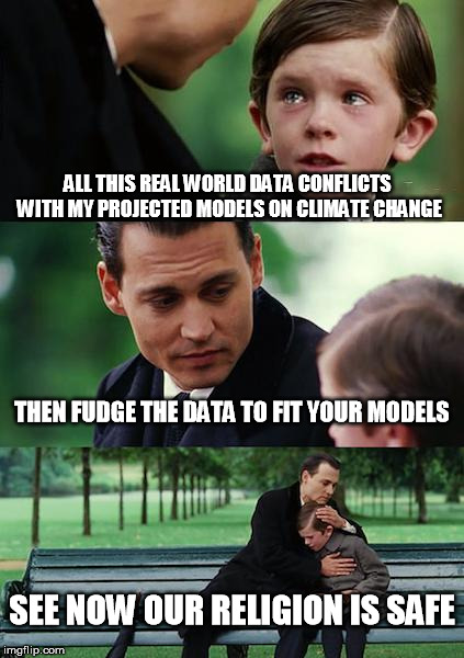 Finding Climateland | ALL THIS REAL WORLD DATA CONFLICTS WITH MY PROJECTED MODELS ON CLIMATE CHANGE THEN FUDGE THE DATA TO FIT YOUR MODELS SEE NOW OUR RELIGION IS | image tagged in finding neverland,global warming,climate change,climateskeptics | made w/ Imgflip meme maker