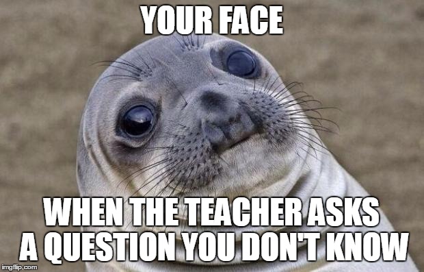 Awkward Moment Sealion | YOUR FACE WHEN THE TEACHER ASKS A QUESTION YOU DON'T KNOW | image tagged in memes,awkward moment sealion | made w/ Imgflip meme maker