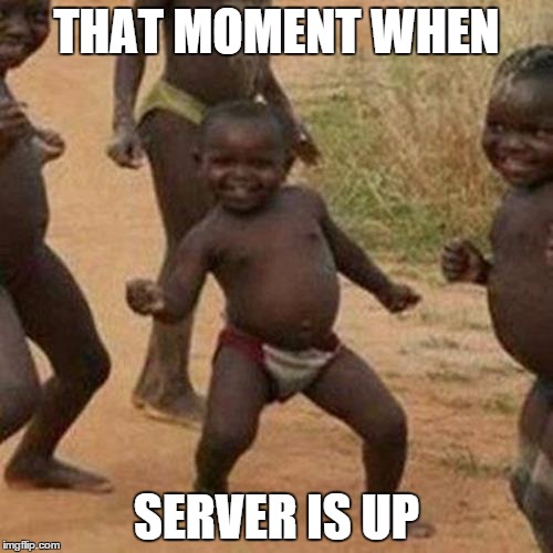Third World Success Kid Meme | THAT MOMENT WHEN SERVER IS UP | image tagged in memes,third world success kid | made w/ Imgflip meme maker