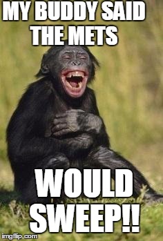 Go Royals! | MY BUDDY SAID THE METS WOULD SWEEP!! | image tagged in laughing monkey | made w/ Imgflip meme maker