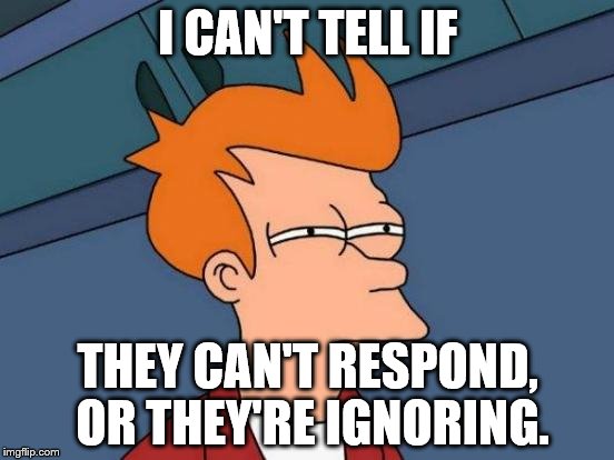 Futurama Fry Meme | I CAN'T TELL IF THEY CAN'T RESPOND, OR THEY'RE IGNORING. | image tagged in memes,futurama fry | made w/ Imgflip meme maker