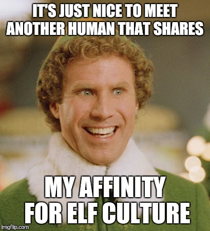 Buddy The Elf Meme | IT'S JUST NICE TO MEET ANOTHER HUMAN THAT SHARES MY AFFINITY FOR ELF CULTURE | image tagged in memes,buddy the elf | made w/ Imgflip meme maker