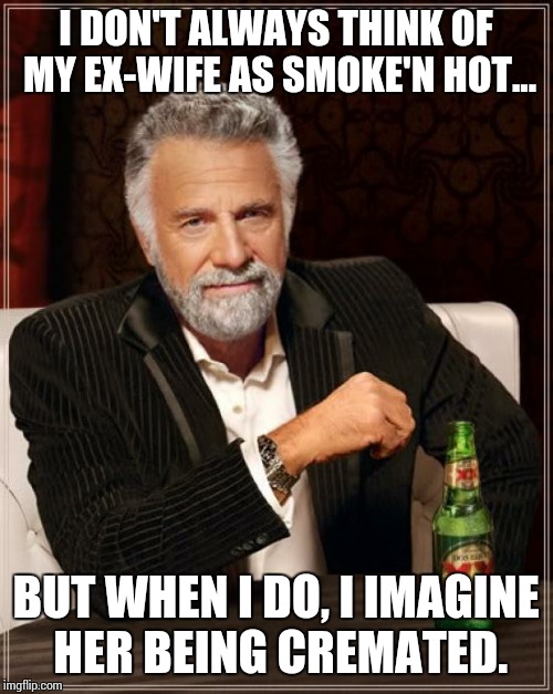 The Most Interesting Man In The World Meme | I DON'T ALWAYS THINK OF MY EX-WIFE AS SMOKE'N HOT... BUT WHEN I DO, I IMAGINE HER BEING CREMATED. | image tagged in memes,the most interesting man in the world | made w/ Imgflip meme maker