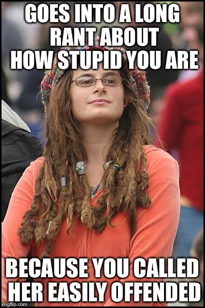 College Liberal Meme | GOES INTO A LONG RANT ABOUT HOW STUPID YOU ARE BECAUSE YOU CALLED HER EASILY OFFENDED | image tagged in memes,college liberal | made w/ Imgflip meme maker
