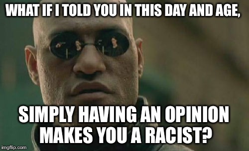 Matrix Morpheus Meme | WHAT IF I TOLD YOU IN THIS DAY AND AGE, SIMPLY HAVING AN OPINION MAKES YOU A RACIST? | image tagged in memes,matrix morpheus | made w/ Imgflip meme maker
