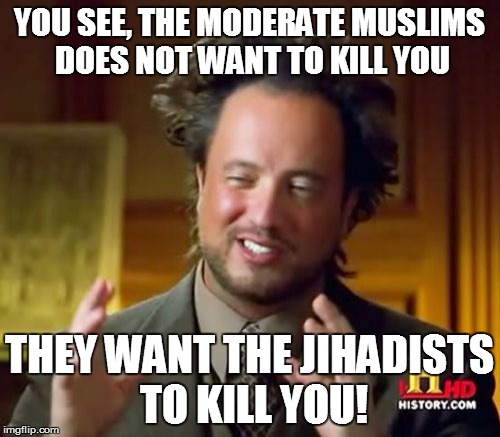 Ancient Aliens Meme | YOU SEE, THE MODERATE MUSLIMS DOES NOT WANT TO KILL YOU THEY WANT THE JIHADISTS TO KILL YOU! | image tagged in memes,ancient aliens | made w/ Imgflip meme maker