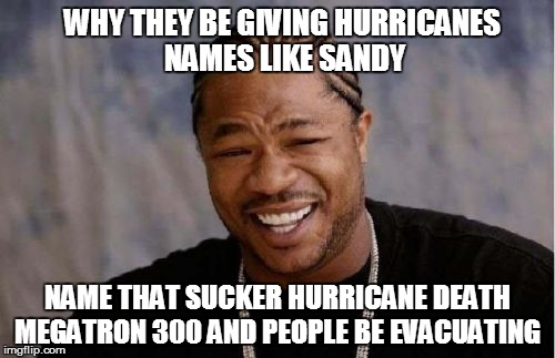 Yo Dawg Heard You | WHY THEY BE GIVING HURRICANES NAMES LIKE SANDY NAME THAT SUCKER HURRICANE DEATH MEGATRON 300 AND PEOPLE BE EVACUATING | image tagged in memes,yo dawg heard you | made w/ Imgflip meme maker
