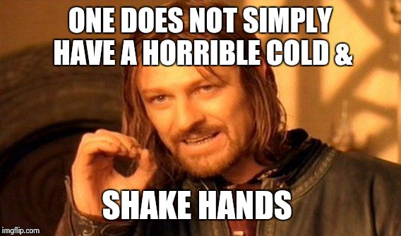 One Does Not Simply Meme | ONE DOES NOT SIMPLY HAVE A HORRIBLE COLD & SHAKE HANDS | image tagged in memes,one does not simply | made w/ Imgflip meme maker