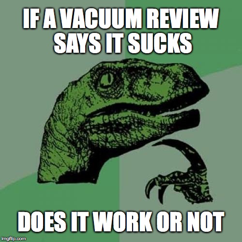 This Sucks! | IF A VACUUM REVIEW SAYS IT SUCKS DOES IT WORK OR NOT | image tagged in memes,philosoraptor,suck,pun | made w/ Imgflip meme maker