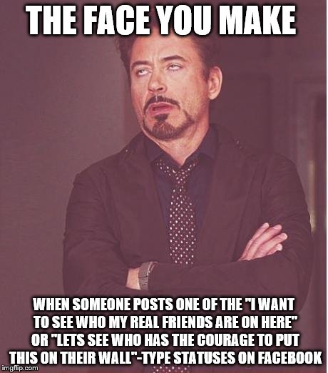 more of an indication of your insecurities... | THE FACE YOU MAKE WHEN SOMEONE POSTS ONE OF THE "I WANT TO SEE WHO MY REAL FRIENDS ARE ON HERE" OR "LETS SEE WHO HAS THE COURAGE TO PUT THIS | image tagged in memes,face you make robert downey jr,facebook | made w/ Imgflip meme maker