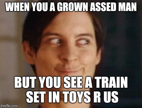Spiderman Peter Parker | WHEN YOU A GROWN ASSED MAN BUT YOU SEE A TRAIN SET IN TOYS R US | image tagged in memes,spiderman peter parker | made w/ Imgflip meme maker